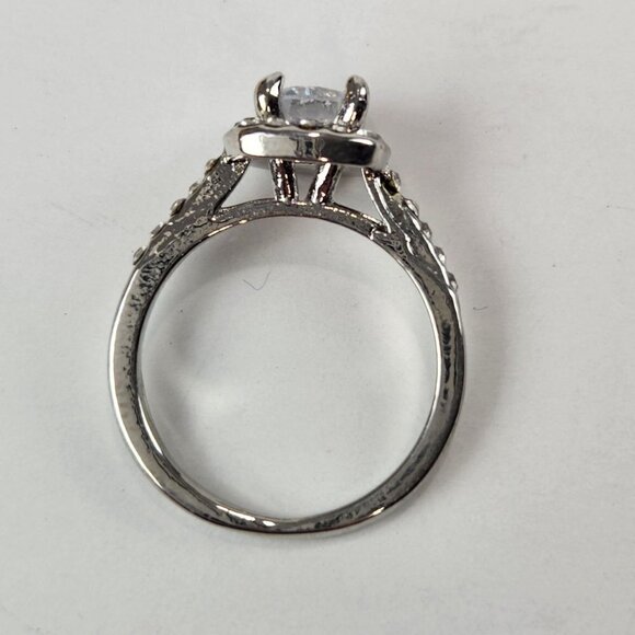 Halo Simulated Diamond Engagement Ring Round Cut Silver‎ Tone - Picture 7 of 11